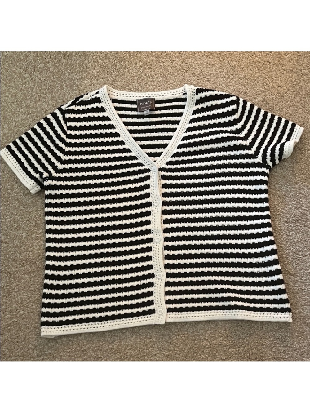 Ninety Black and White Striped V-Neck Button Front Top - Picture 2 of 2
